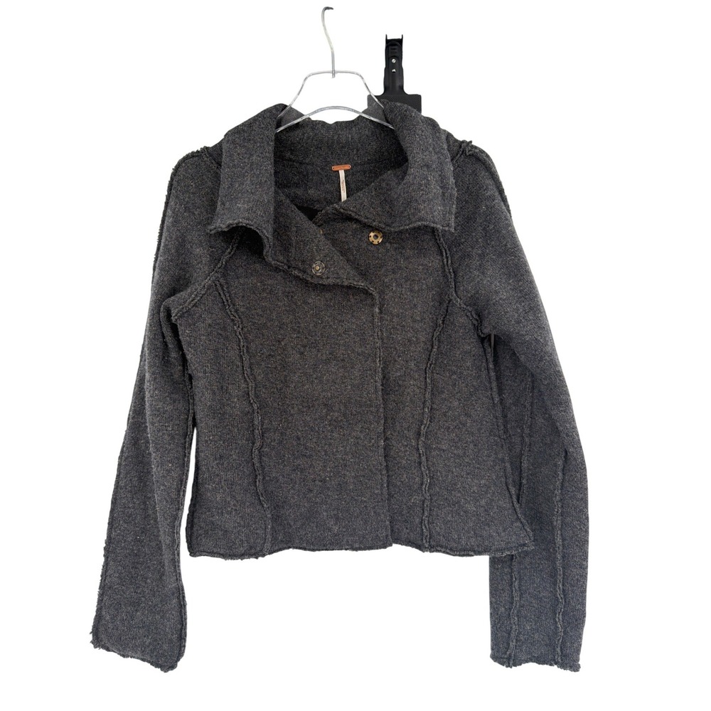 Free People Charcoal Gray Lambswool Knit Moto Jacket Coat Gray Small - Picture 2 of 8